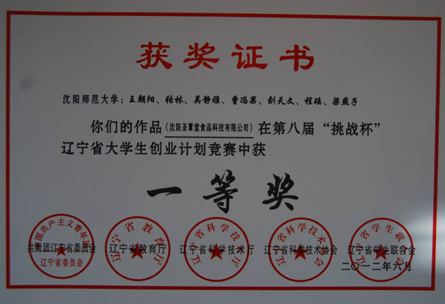 辽宁省大学生创业计划竞赛一等奖